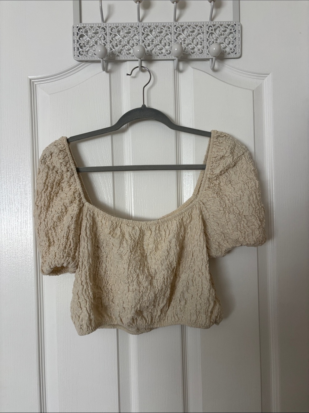 Zara Cream Textured Puff Sleeve Crop Top